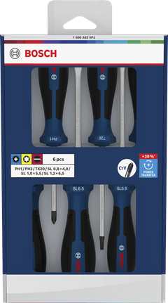 Bộ tua vít Bosch PH/TX/SL 6 chi tiết với cán bằng thép crom vanadi.